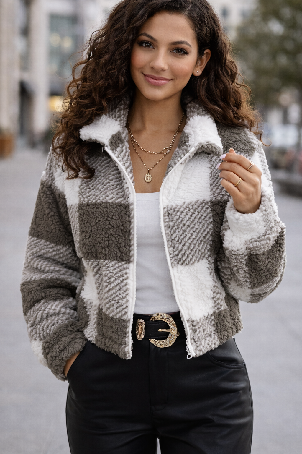 Chaqueta de mujer Teddy a cuadros Sherpa