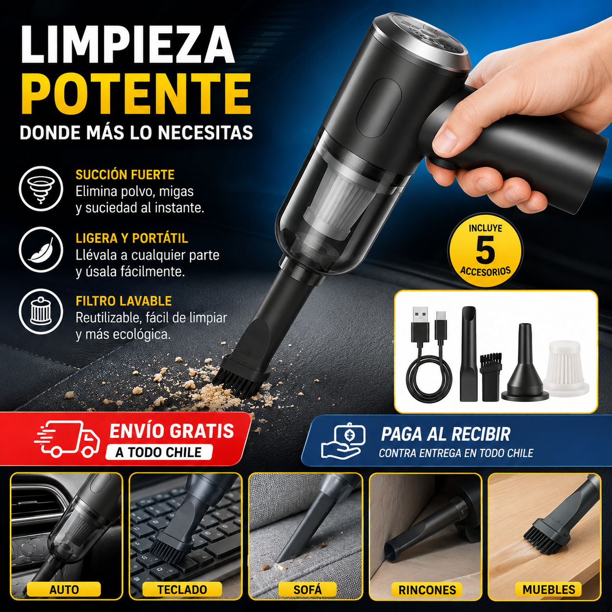 Aspiramax - Aspiradora de Mano 3 en 1 Recargable y Portátil