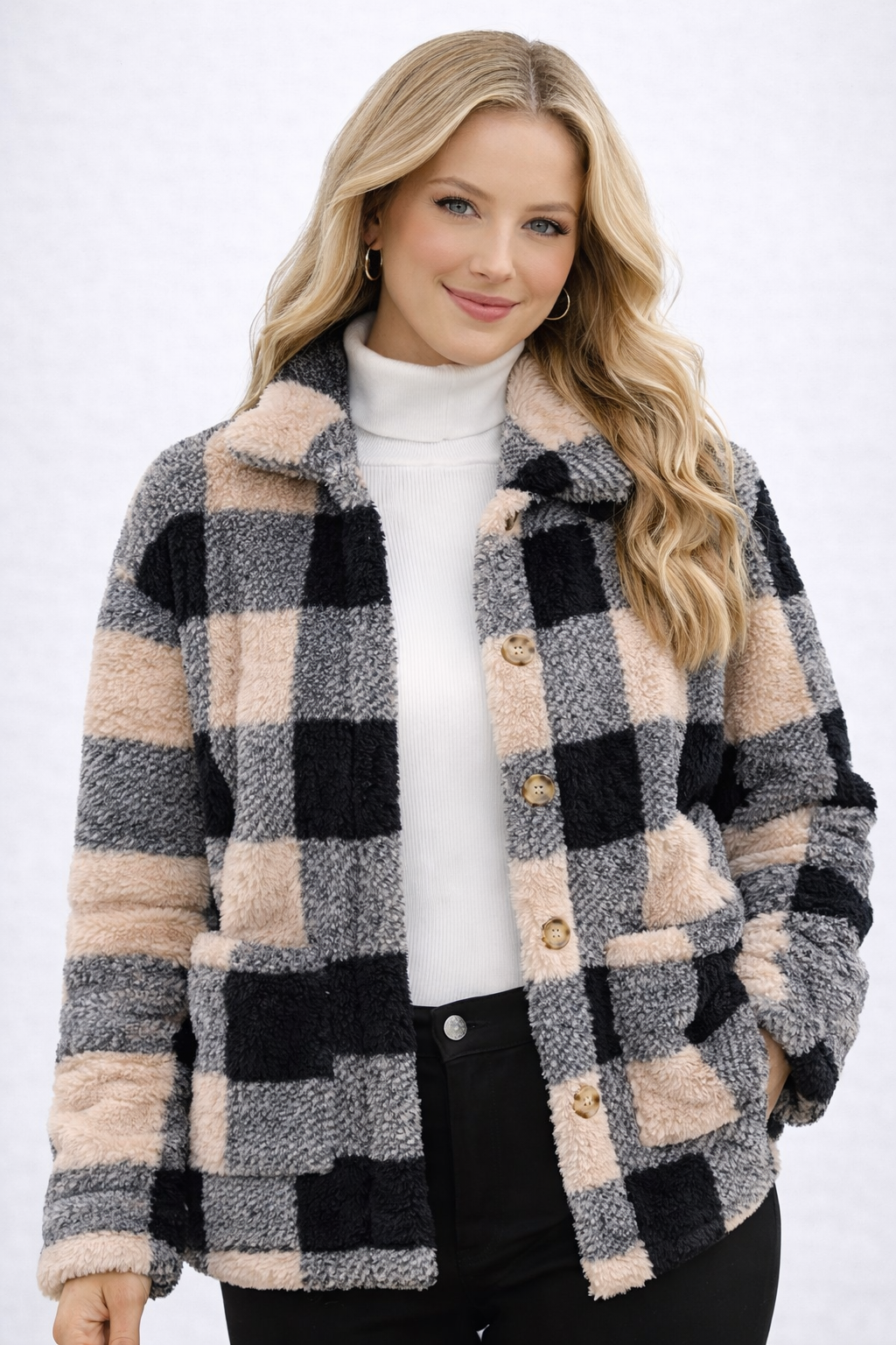 Chaqueta sherpa a cuadros para mujer