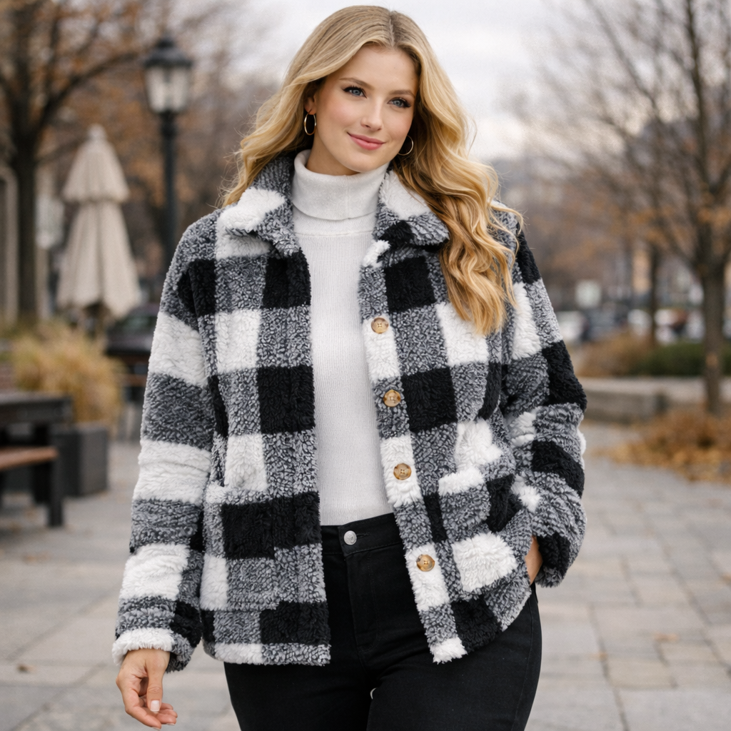 Chaqueta sherpa a cuadros para mujer